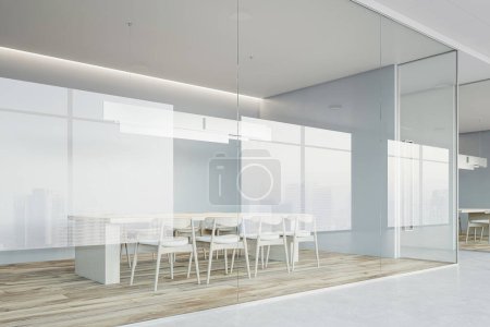 Téléchargez les photos : Vue latérale sur une spacieuse salle de conférence avec mobilier clair, fond mural gris clair et parquet derrière cloison en verre dans un bureau moderne et lumineux. rendu 3D - en image libre de droit