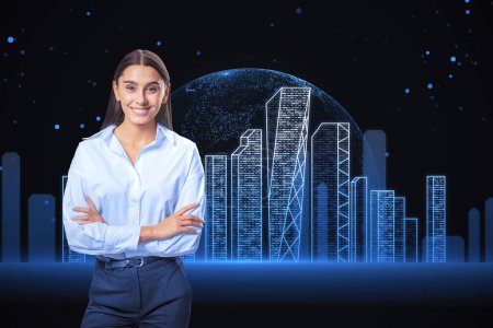 Attractive young european businesswoman standing on digital tech city background. Digital landscape in a cyber world concept.