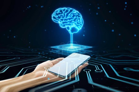 Close up of hand holding cellphone with hologram. Futuristic design of artificial Intelligence brain with circuit board. Learning process and problem solving concept. Abstract digital technology background
