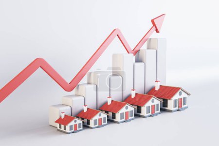 Imagen abstracta del aumento de los precios de las casas sobre fondo claro con flecha roja, carta y casas. Renderizado 3D
