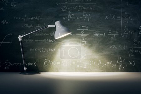 Dark chalkboard with mathematical formulas background with place for product presentation illuminated by white table lamp. 3D rendering, mockup