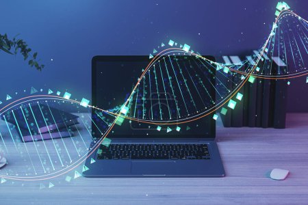 Photo for Close up of workplace with glowing DNA hologram, laptop and other items on blurry background. Bioengineering and technology concept. 3D Rendering - Royalty Free Image