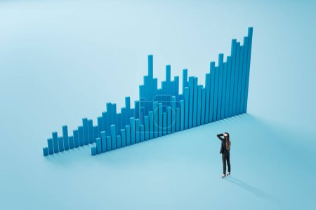 Handels- und Börsenkonzept mit nachdenklicher Rückansicht der Frau beim Betrachten der großen grafischen Finanzchartgrafik auf hellblauem Hintergrund