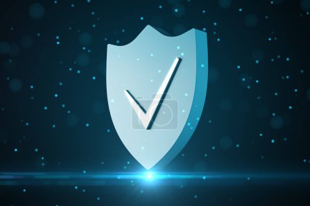 Foto de Concepto de protección de datos y seguridad de la información con marca de verificación en el escudo azul claro sobre fondo oscuro con puntos borrosos y punto iluminante. Renderizado 3D - Imagen libre de derechos