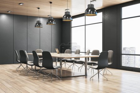 A modern boardroom with a long table, chairs, and pendant lights on a wooden floor with cityscape background, concept of corporate meetings. 3D Rendering