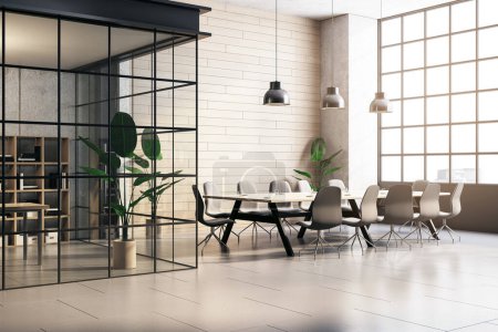 A modern conference room with a long table, chairs, and large windows allowing ample natural light, set in an office environment with a minimalist design. 3D Rendering