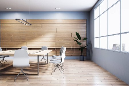 Modern conference room with empty table, chairs, wood wall, and large window, light interior, concept of a business meeting space. 3D Rendering