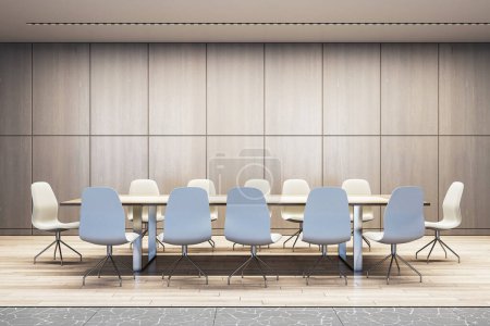 Téléchargez les photos : Une salle de réunion moderne avec une longue table et des chaises disposées sur un sol en bois contre un mur texturé, intérieur d'affaires vide. Rendu 3D - en image libre de droit