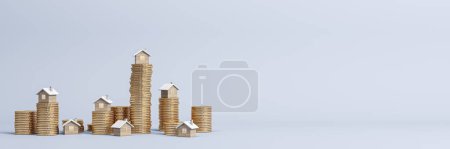 Stacked golden coins with small houses on wide light background with mock up place for advertisement. Mortgage and money loan concept. 3D Rendering