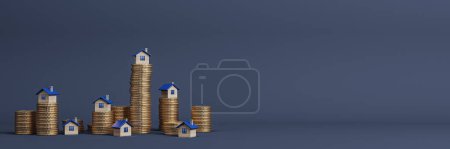 Stacked golden coins with small houses on wide dark background with mock up place for advertisement. Mortgage and money loan concept. 3D Rendering