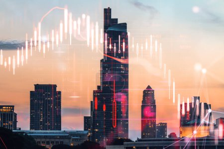 Glowing downward red candlestick chart on blurry city skyscraper background. Financial crisis and recession concept. Double exposure