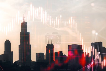 Glowing downward red candlestick chart on blurry city skyscraper backdrop. Financial crisis and recession concept. Double exposure