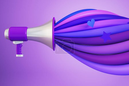 Kreativer Lautsprecher mit farbenfroher Schallwelle auf violettem Hintergrund. Stimmen Sie ab und kämpfen Sie für Ihr Rechtekonzept. 3D-Rendering