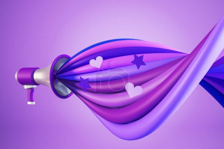Creative loudspeaker with colorful sound wave on purple background. Voting and fighting for your rights concept. 3D Rendering