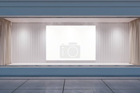 Photo for Front view on blank white poster with place for your logo or text on light slatted wall background in stylish shopwindow of modern blue building outdoor, advertising concept. 3D rendering, mock up - Royalty Free Image