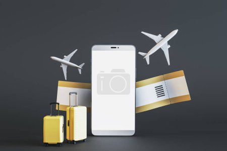 Travel and mobile booking concept with blank white smartphone screen with place for web site or application name, yellow suitcases, ticket and graphic aircraft on dark background. 3D rendering, mockup