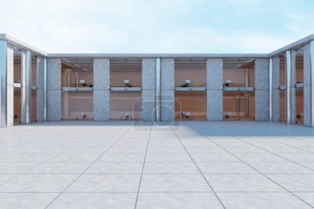 Bright concrete office building exterior on bright blue sky backgroound. 3D Rendering