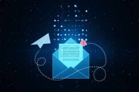 Mail, email and business communication concept with digital paper list in envelope with red notification alert symbol and paper airplane on abstract dark background. 3D rendering