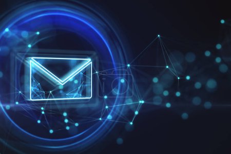 Mail, letter and communication concept with digital glowing envelope icon in technological circle on dark background with geometrical lines and blurred dots. 3D rendering