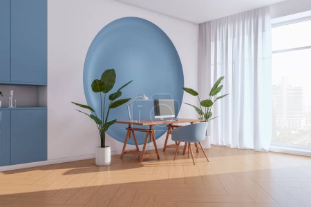 Modern blue office interior with window, city view and curtains, furniture and equipment, decorative round pattern on wall. 3D Rendering