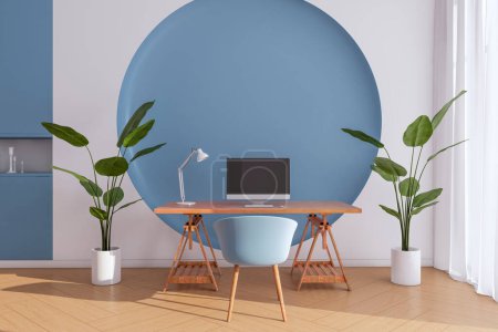 Modern blue office interior with furniture and equipment, decorative round pattern on wall. 3D Rendering