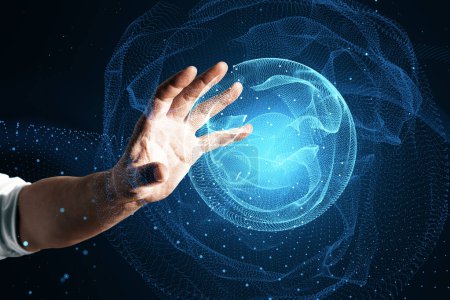 Close up of man hand using polygonal globe hologram on dark background. World map with global social network. Future concept. Blue futuristic background with planet