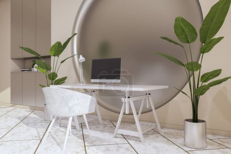Modernes helles Bürointerieur mit Möbeln und Geräten, dekoratives rundes Muster an der Wand. 3D-Rendering