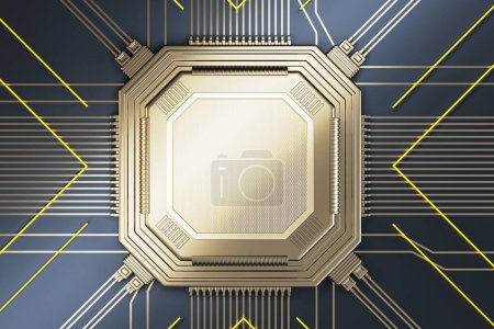 Abstract blank golden chip on metal backdrop with lines. Mock up place. Technology and motherboard, computer and hardware concept. 3D Rendering