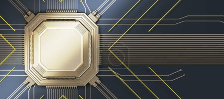 Abstrakter leerer goldener Chip auf Metalltapete mit Linien. Platz zum Atmen. Technologie und Motherboard, Computer und Hardware-Konzept. 3D-Rendering