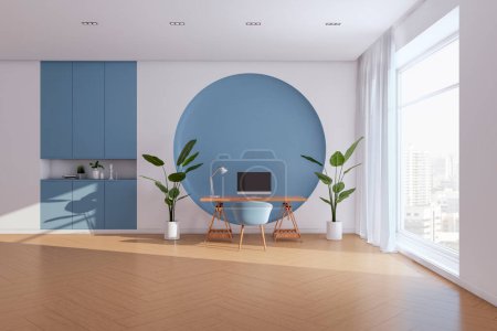 Contemporary blue office interior with window, city view and curtains, furniture and equipment, decorative round pattern on wall. 3D Rendering