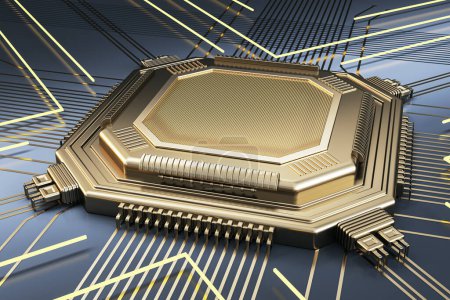 Creative empty golden chip on metal background with lines. Mock up place. Technology and motherboard, computer and hardware concept. 3D Rendering