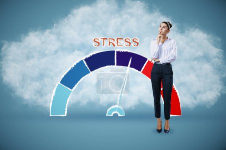 Attractive thoughtful busiesswoman with rising stress level scale on abstract blue background with cloud. How to reduce stress levels concept