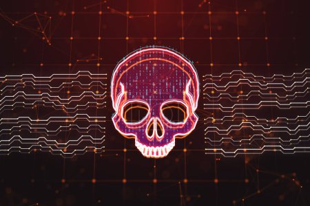 Creative skull and circuit hologram on blurry red background. Malware and ransomware concept. 3D Rendering