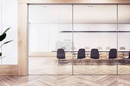 Modern conference room interior with a long table, chairs, and a minimalist design, presented on a neutral background, concept of corporate meetings. 3D Rendering