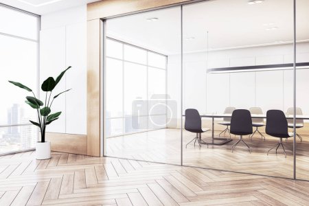 Modern conference room with empty table, chairs, and a plant, against cityscape background, concept of business meeting space. 3D Rendering