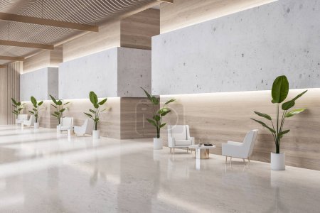 Eine moderne Büro-Lobby mit weißen Stühlen, Topfpflanzen, Holzwänden und poliertem Boden vermittelt einen sauberen und professionellen Raum. 3D-Rendering