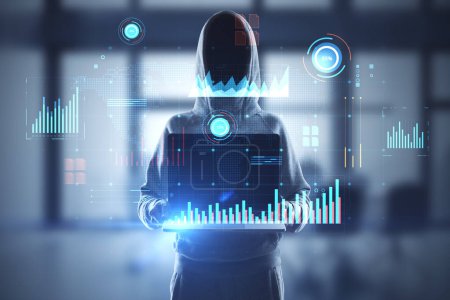 Photo for Hacker holding laptop with glowing digital business interface with charts on blurry office interior background. Infographic, hacking and big data concept. Double exposure - Royalty Free Image