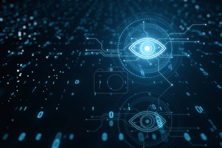 Hologramm der Cyber-Spionagetechnologie, virtuelles Auge der Internet-Überwachung und digitaler Überwachungskulisse mit Codierung. 3D-Rendering