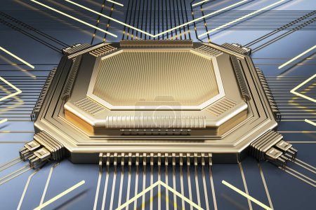 Abstract blank golden chip on metal background with lines. Mock up place. Technology and motherboard, computer and hardware concept. 3D Rendering