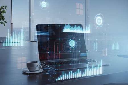 Photo for Close up of laptop on desk with coffee cup and glowing digital business interface with charts on blurry office background with window and city view. Big data concept. Double exposure - Royalty Free Image