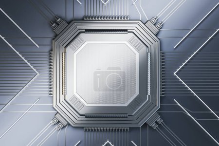 Abstract empty silver chip on metal backdrop with lines. Mock up place. Technology and motherboard, computer and hardware concept. 3D Rendering