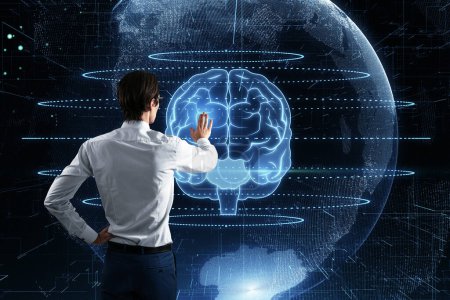 Back view of businessman using creative glowing polygonal brain sphere hologram on blurry background. Neurology research, artificial intelligence concept. Double exposure