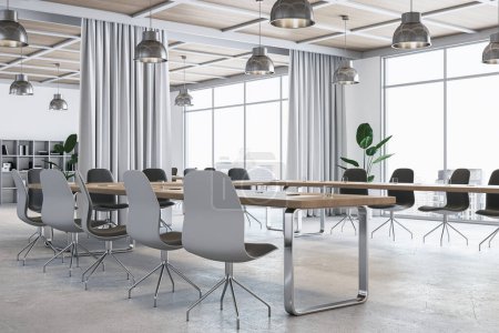 Modern meeting room interior with curtain partitions, furniture and window with city view and daylight. 3D Rendering