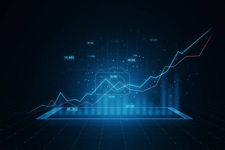 Foto de Concepto de crecimiento de la economía y el mercado de divisas con azul digital levantándose diagrama gráfico financiero y gráficos en fondo oscuro abstracto con cuadrícula. Renderizado 3D - Imagen libre de derechos