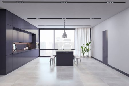 Modern luxury dark kitchen interior with concrete flooring and window with city view. 3D Rendering