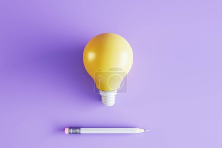 Kreative Lampe und Bleistift auf violettem Hintergrund. Idee und Innovationskonzept. 3D-Rendering