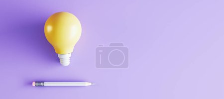 Kreative Lampe und Bleistift auf breitem lila Hintergrund mit Attrappe Platz. Idee und Innovationskonzept. 3D-Rendering