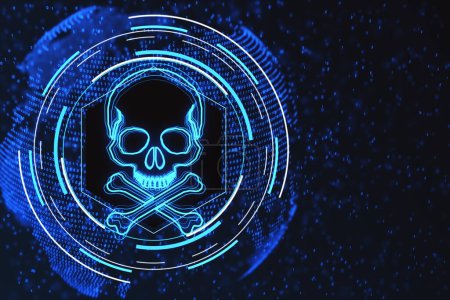 Téléchargez les photos : Crâne et os bleus lumineux illustration numérique, fond de texture d'écran sombre, attaque de piratage et concept de piratage. Rendu 3D - en image libre de droit