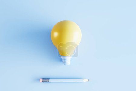 Kreative Lampe und Bleistift auf blauem Hintergrund. Idee und Innovationskonzept. 3D-Rendering