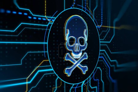 Abstract digital skull hologram on blurry wallpaper. Hacking, malware and crime concept. 3D Rendering